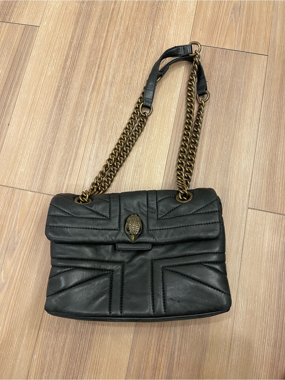 Kurt Geiger Black Quilted Leather Shoulder Bag with Antique Gold Chain